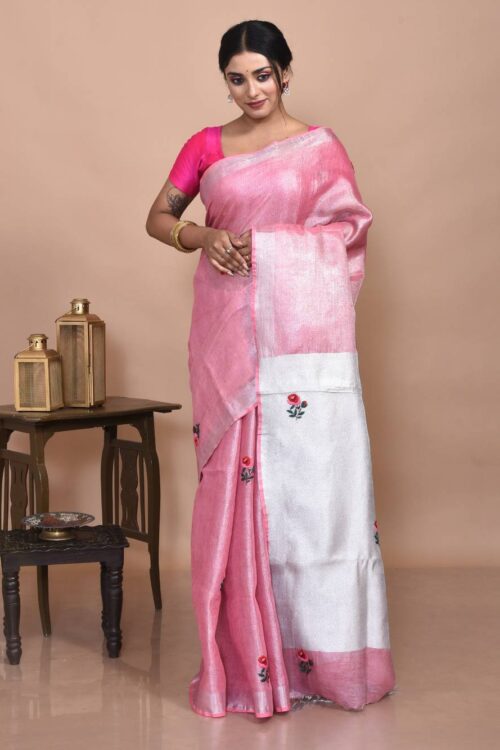 Pink Rose Hand Embroidered Linen Saree
