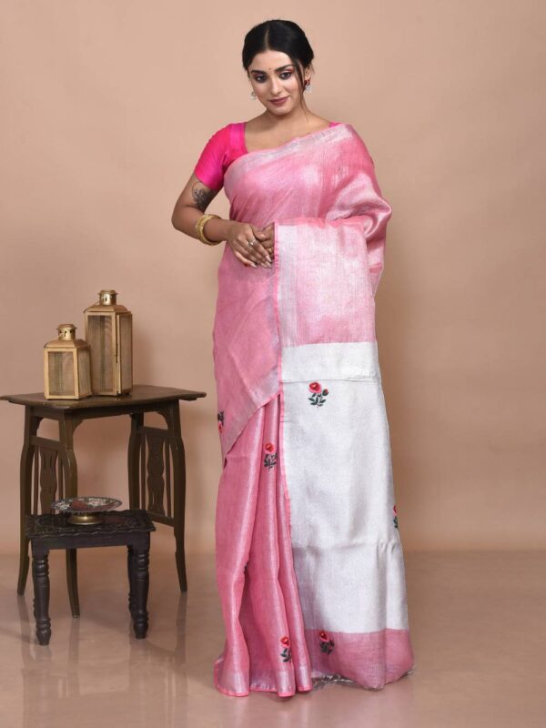 Pink Rose Hand Embroidered Linen Saree