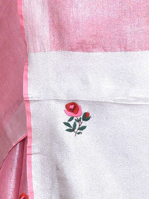 Pink Rose Hand Embroidered Linen Saree - Image 5