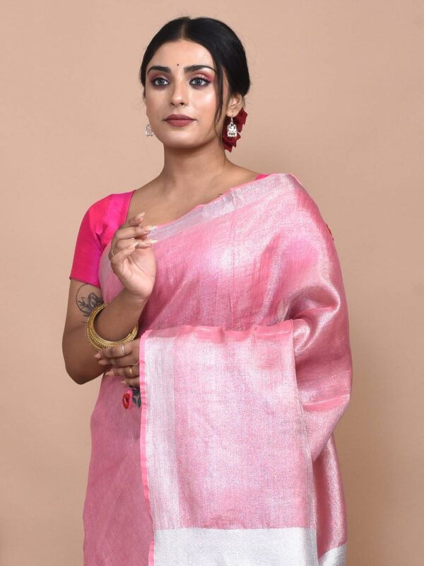 Pink Rose Hand Embroidered Linen Saree - Image 6