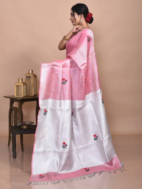 Pink Rose Hand Embroidered Linen Saree - Image 4