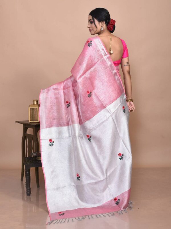 Pink Rose Hand Embroidered Linen Saree - Image 2