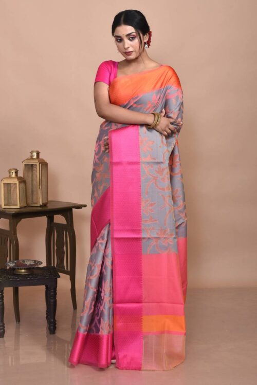 Grey Banaras Kora Silk Saree