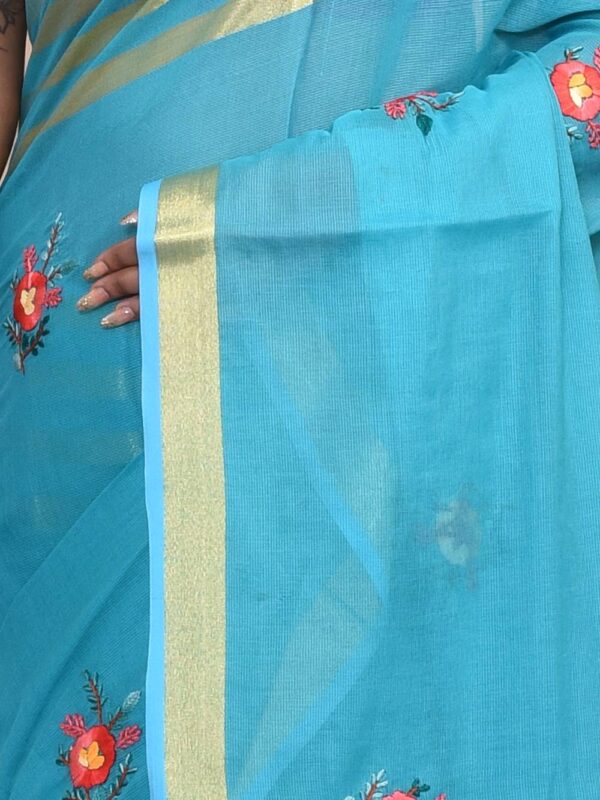 Mercerised Cotton Hand Embroidered Blue Saree - Image 6