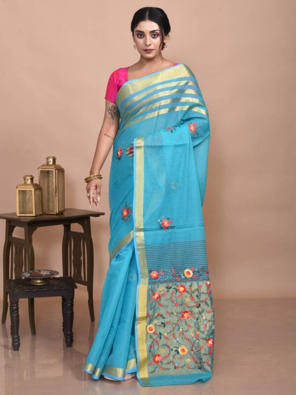 Mercerised Cotton Hand Embroidered Blue Saree