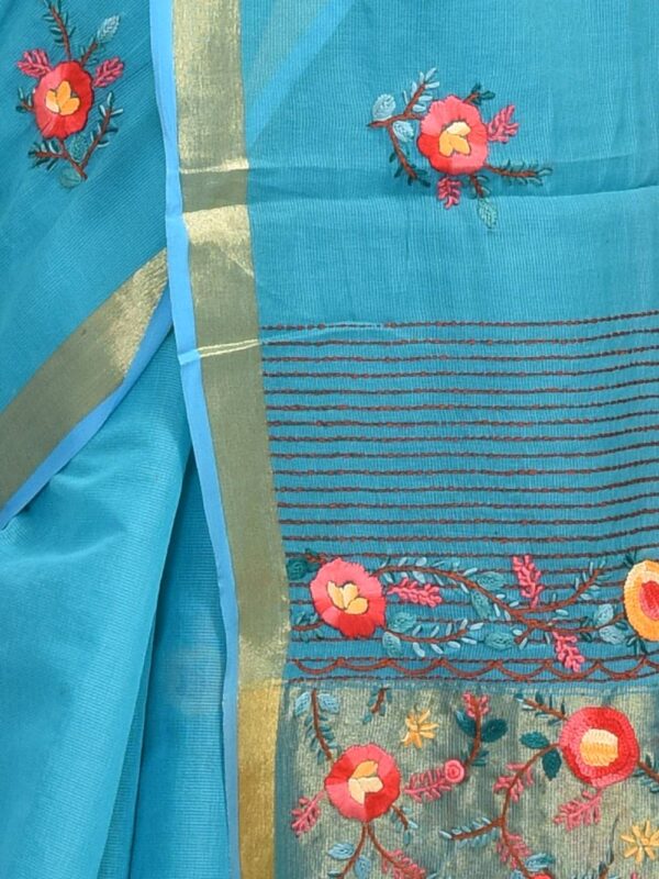 Mercerised Cotton Hand Embroidered Blue Saree - Image 3