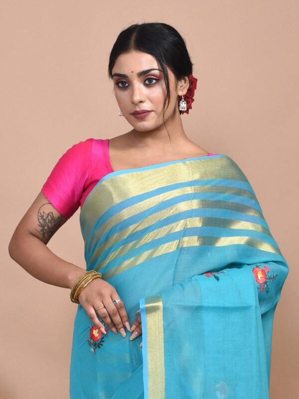 Mercerised Cotton Hand Embroidered Blue Saree - Image 5
