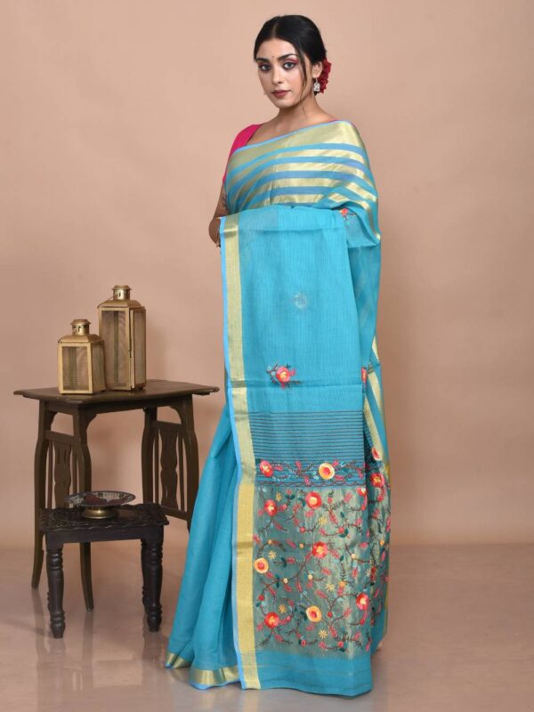 Mercerised Cotton Hand Embroidered Blue Saree - Image 4