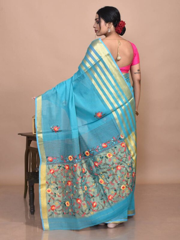 Mercerised Cotton Hand Embroidered Blue Saree - Image 2