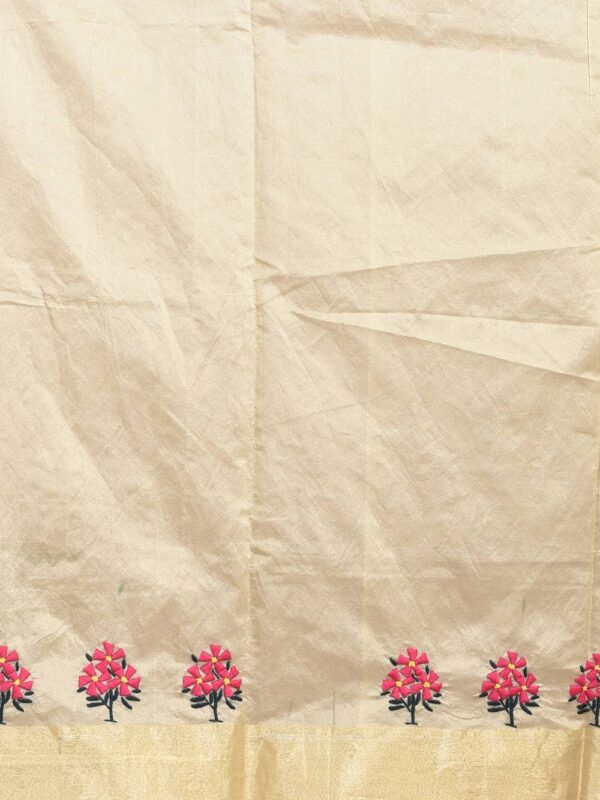 Golden Floral Hand Embroidered Chanderi Saree - Image 7