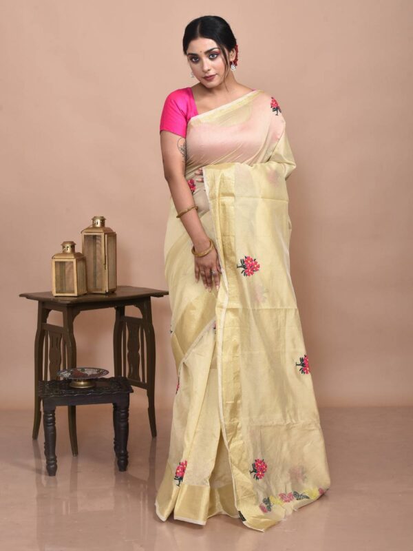 Golden Floral Hand Embroidered Chanderi Saree
