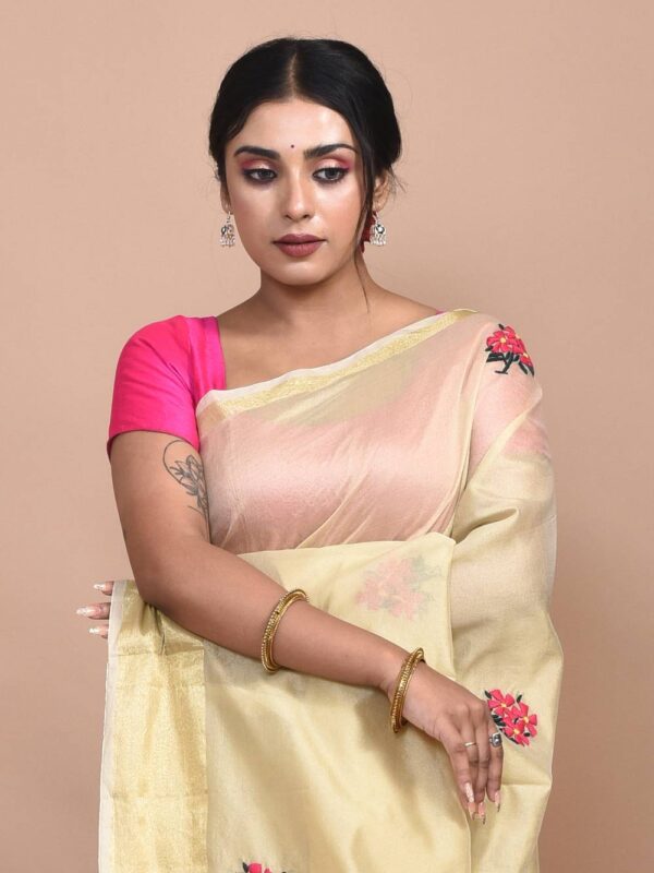 Golden Floral Hand Embroidered Chanderi Saree - Image 6