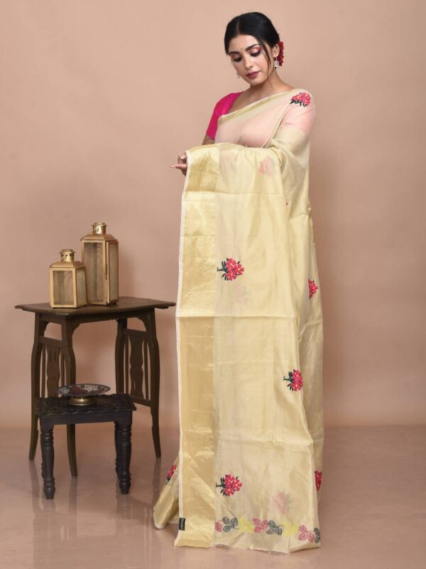 Golden Floral Hand Embroidered Chanderi Saree - Image 4