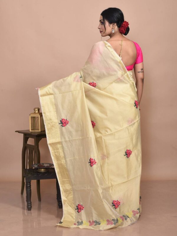 Golden Floral Hand Embroidered Chanderi Saree - Image 2