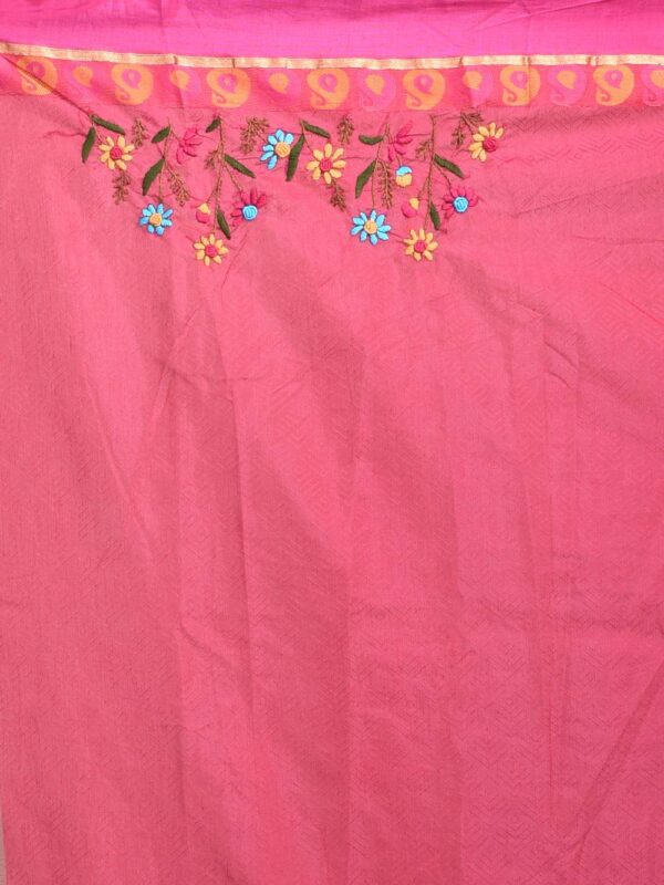 Green South Cotton Hand Embroidered Saree - Image 7