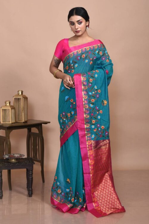 Green South Cotton Hand Embroidered Saree