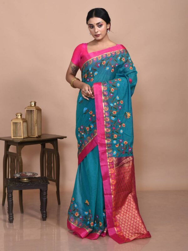 Green South Cotton Hand Embroidered Saree
