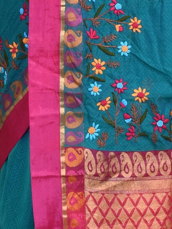 Green South Cotton Hand Embroidered Saree - Image 5