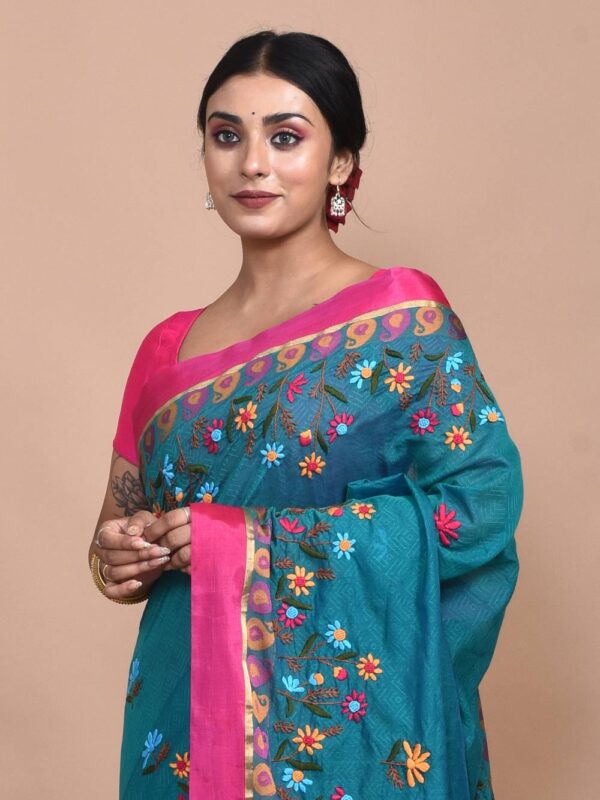 Green South Cotton Hand Embroidered Saree - Image 6