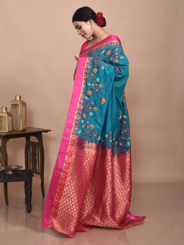 Green South Cotton Hand Embroidered Saree - Image 4