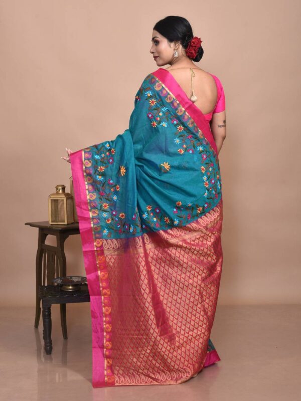 Green South Cotton Hand Embroidered Saree - Image 2