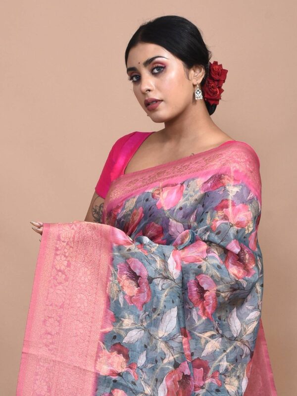 Grey Printed Muslin Silk Saree - Image 5