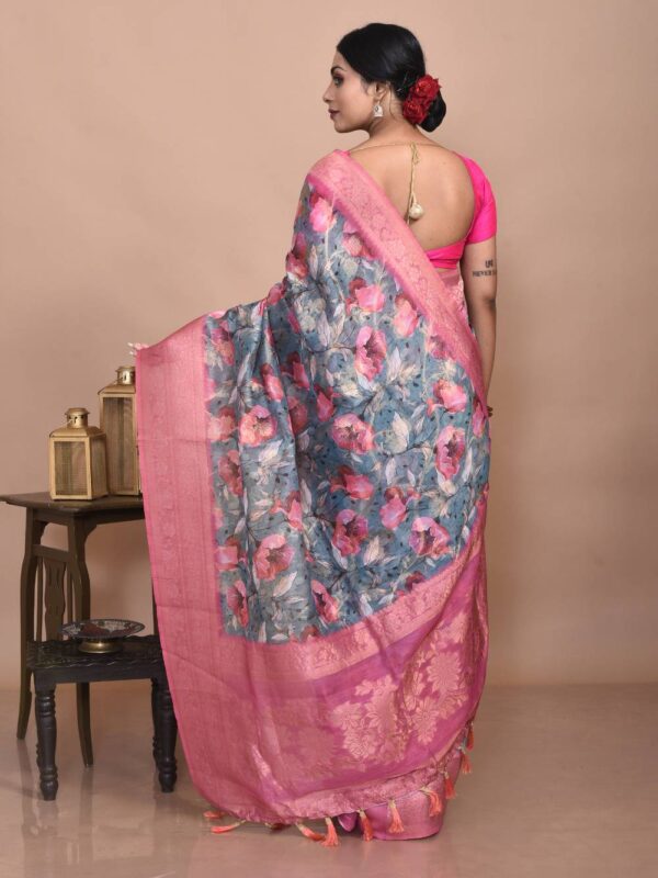 Grey Printed Muslin Silk Saree - Image 2