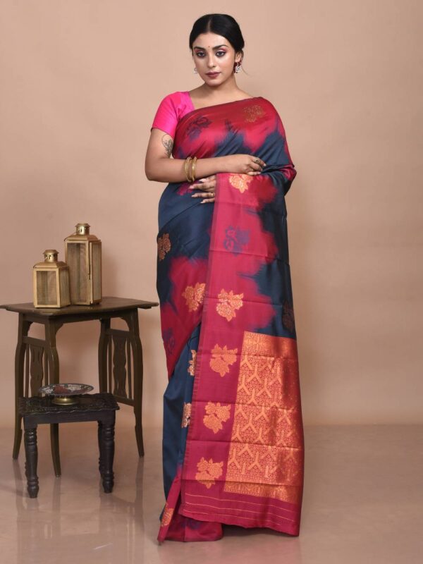 Steel Gray Semi Silk Kanjeevaram Saree with Orange-Red Border