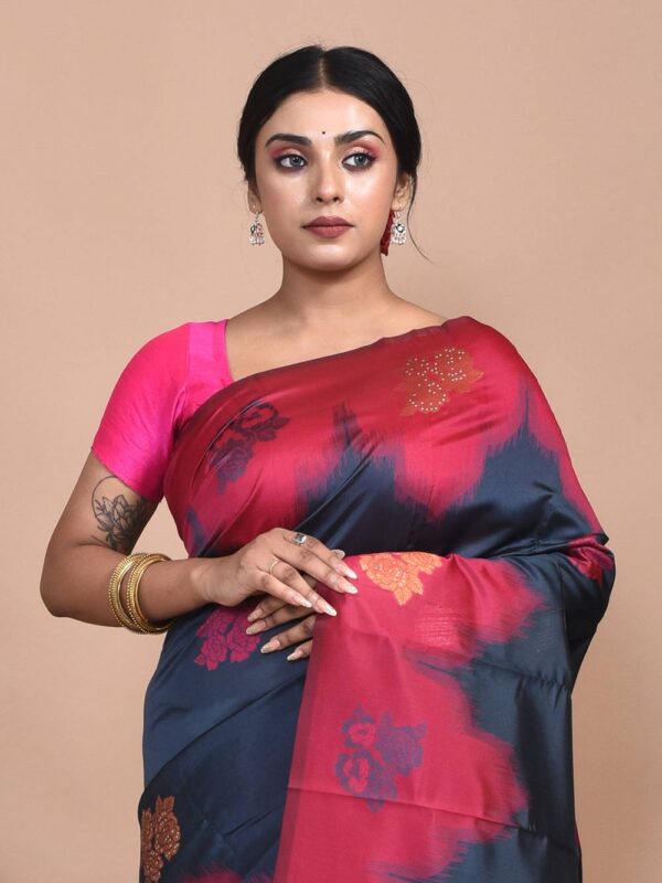 Steel Gray Semi Silk Kanjeevaram Saree with Orange-Red Border - Image 6