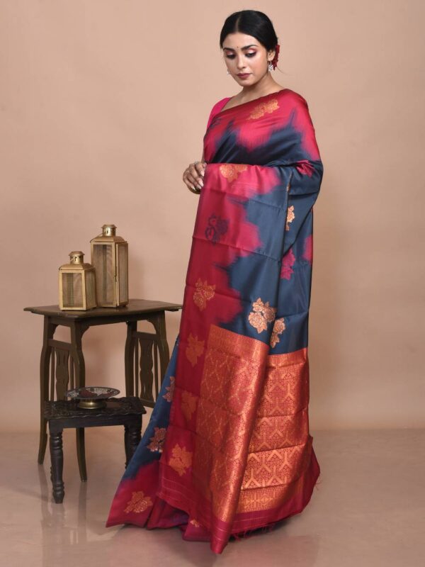 Steel Gray Semi Silk Kanjeevaram Saree with Orange-Red Border - Image 4