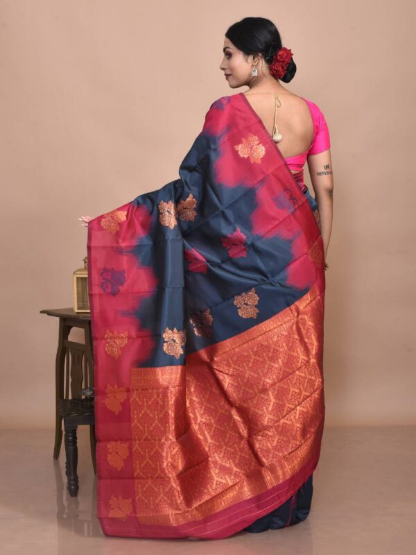 Steel Gray Semi Silk Kanjeevaram Saree with Orange-Red Border - Image 2