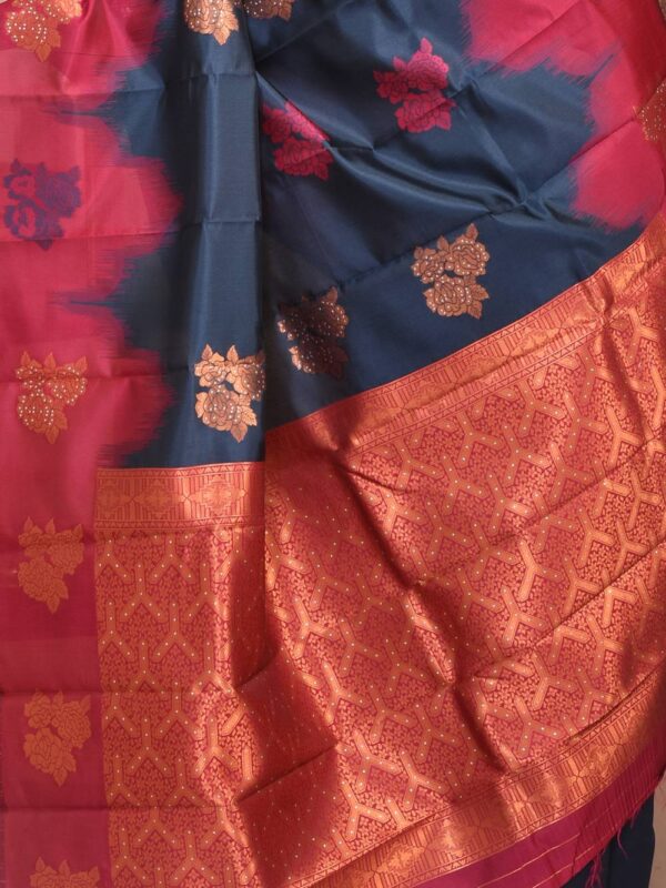 Steel Gray Semi Silk Kanjeevaram Saree with Orange-Red Border - Image 7