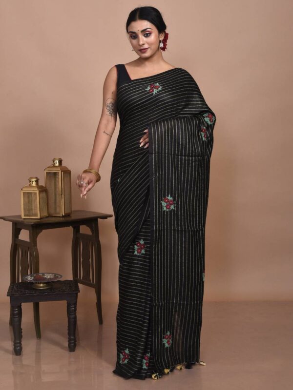 Black Hand Embroidered Linen Saree