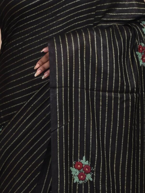 Black Hand Embroidered Linen Saree - Image 5