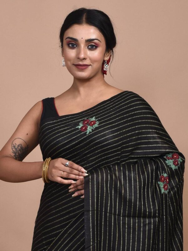 Black Hand Embroidered Linen Saree - Image 6