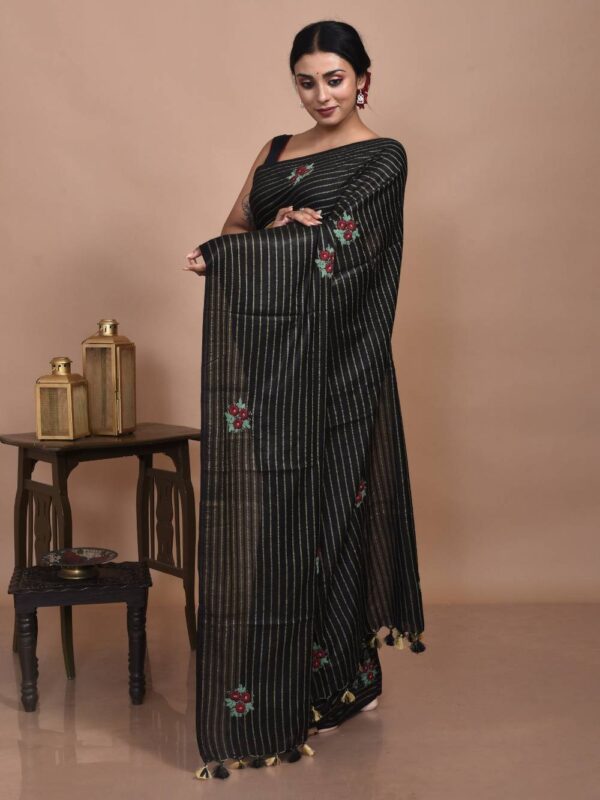 Black Hand Embroidered Linen Saree - Image 4