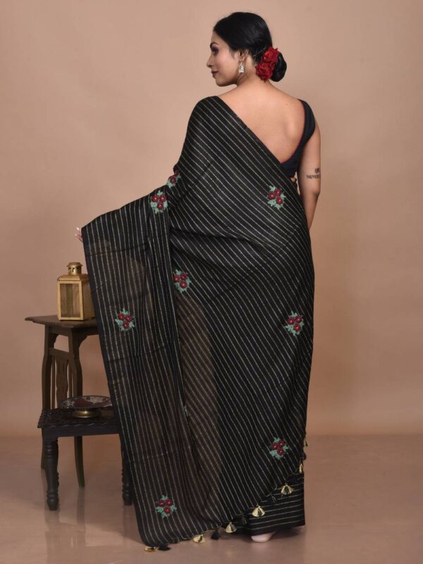 Black Hand Embroidered Linen Saree - Image 2