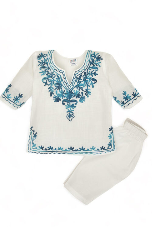 Girls White Cotton Kurta Pyjama with Turqoise Kashmiri Ari Work