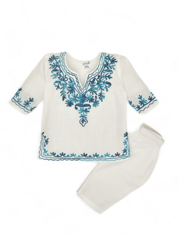 Girls White Cotton Kurta Pyjama with Turqoise Kashmiri Ari Work