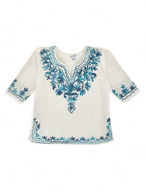 Girls White Cotton Kurta Pyjama with Turqoise Kashmiri Ari Work - Image 2