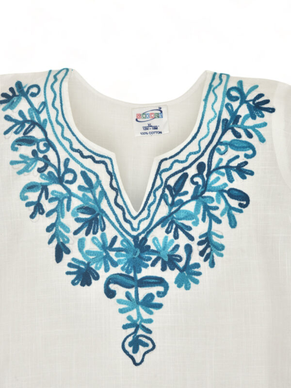 Girls White Cotton Kurta Pyjama with Turqoise Kashmiri Ari Work - Image 3
