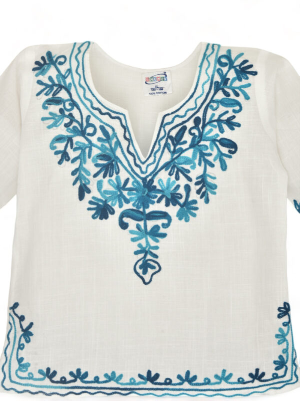 Girls White Cotton Kurta Pyjama with Turqoise Kashmiri Ari Work - Image 4