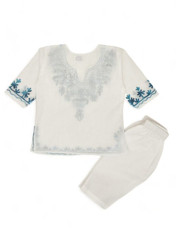 Girls White Cotton Kurta Pyjama with Turqoise Kashmiri Ari Work - Image 6