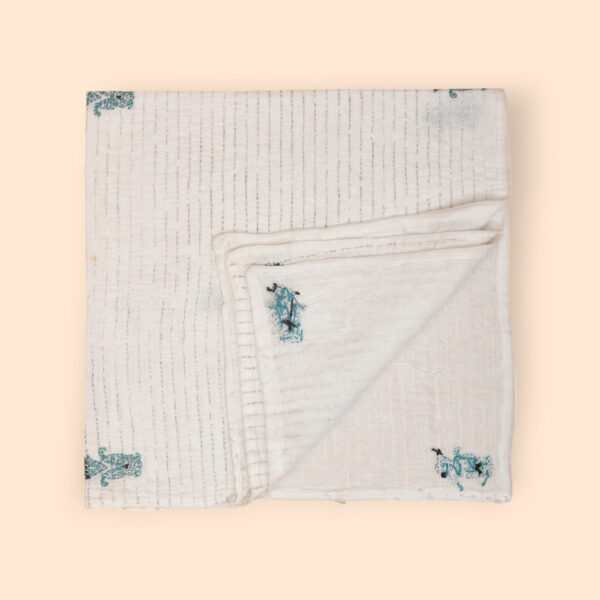 White Kolki Hand Embroidered Mulmul Nakshi Kantha - Image 7
