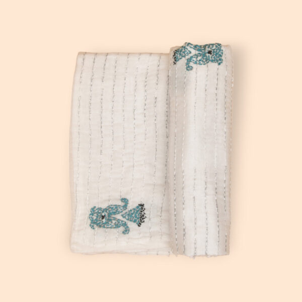 White Kolki Hand Embroidered Mulmul Nakshi Kantha - Image 6