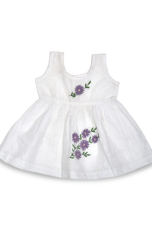 White Hand Embroidered Lavender Design Cotton Dress