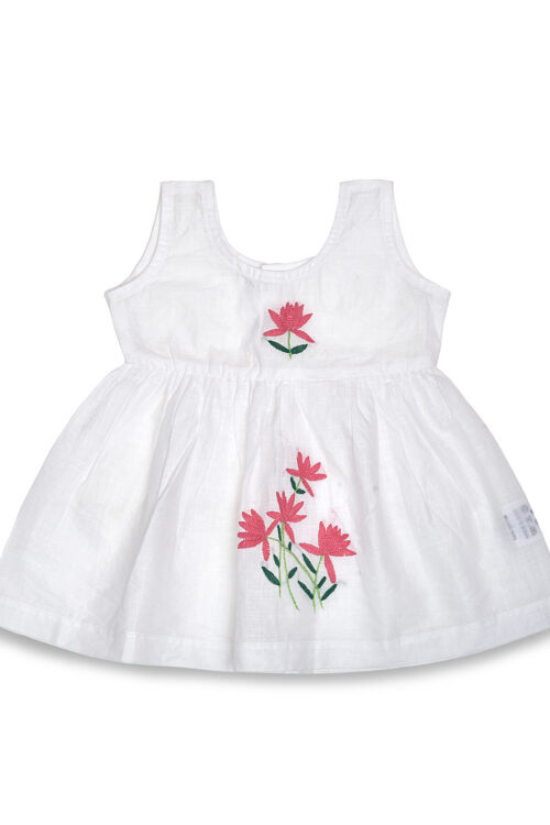 White Hand Embroidered Lotus Design Cotton Dress