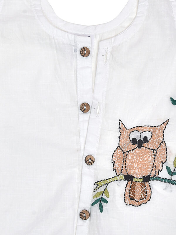 White Hand Embroidered Big Owl Design Front Open Cotton Jabla - Image 3