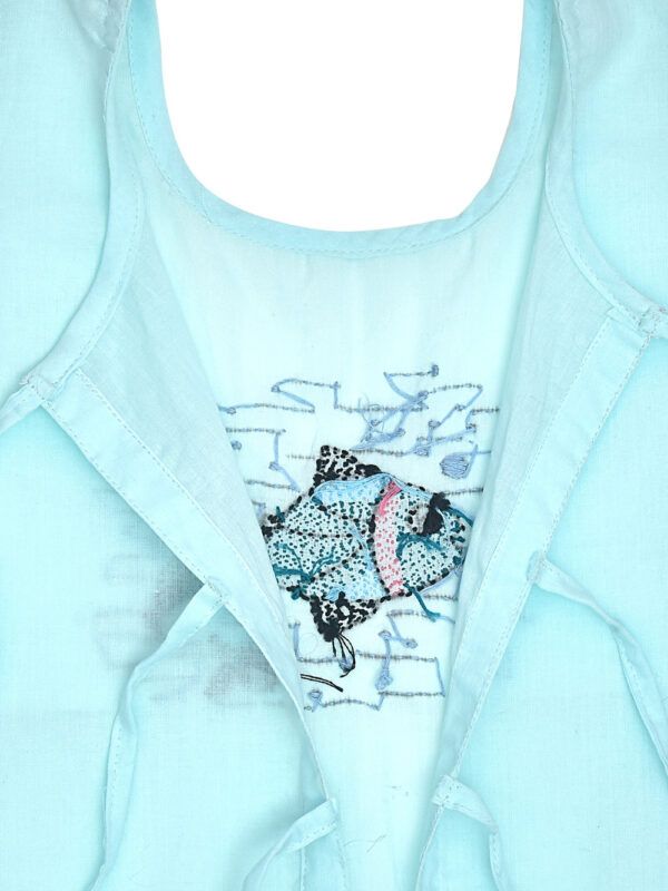Blue Hand Embroidered Fish Design Back Open Cotton Jabla - Image 3
