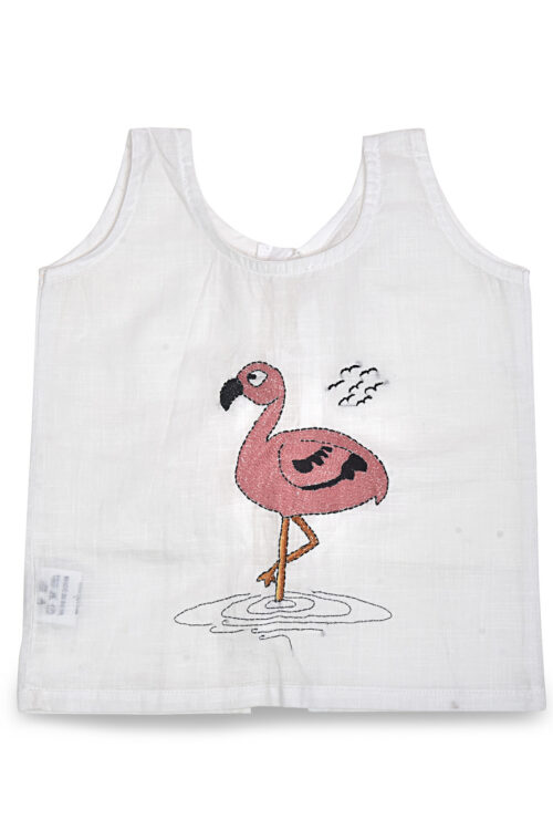 White Hand Embroidered Flamingo Design Back Open Cotton Jabla